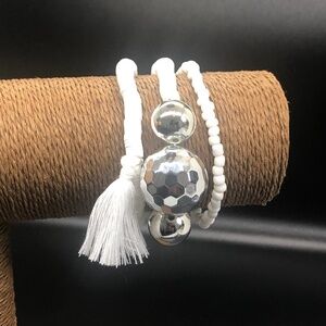 3 Piece Hand Crafted Silver Disco Ball Clay Beaded Stretch Bracelet